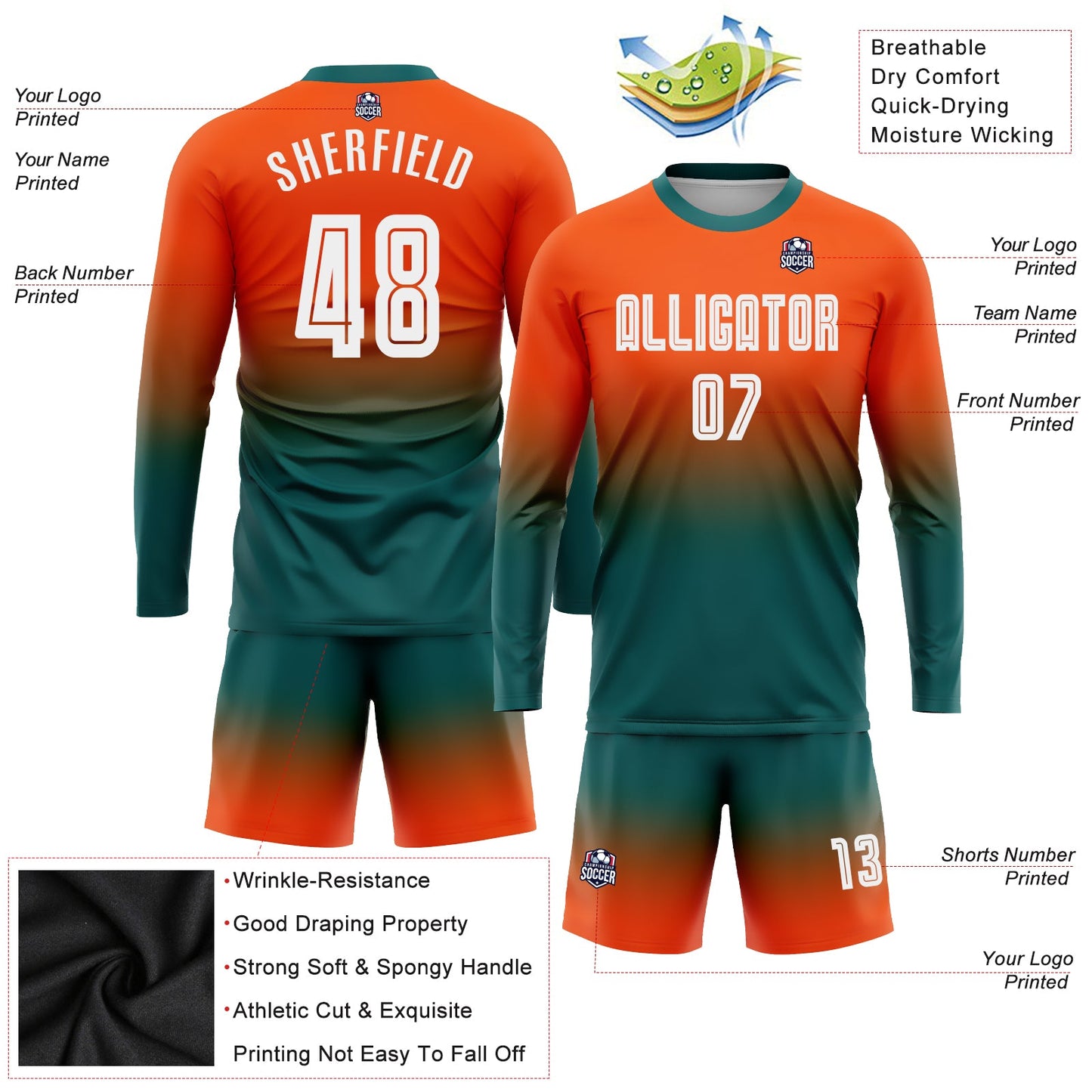 Maillot d'uniforme de football à manches longues, personnalisé, Orange, blanc, sarcelle, fondu, à la mode, par Sublimation