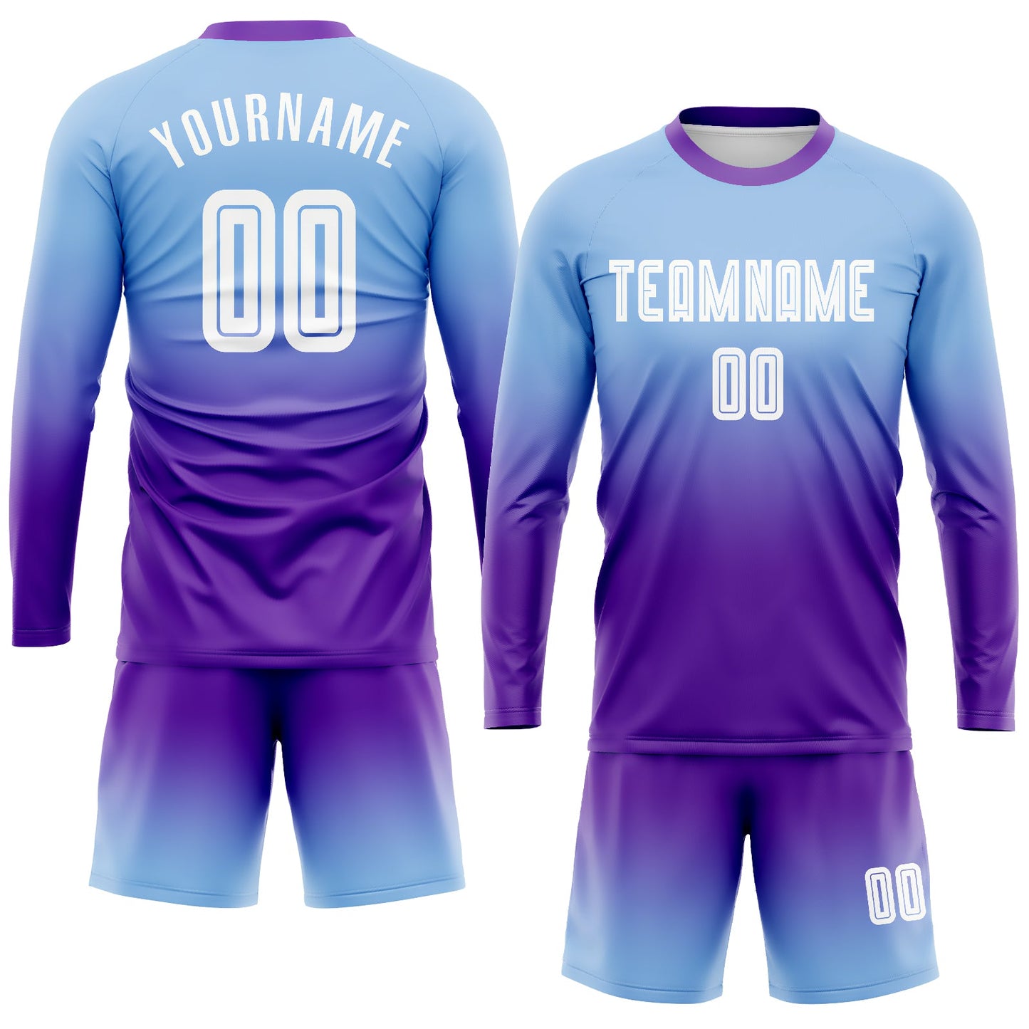 Maillot d'uniforme de football à manches longues, bleu clair, blanc et violet, personnalisé, à la mode, fondu, par Sublimation