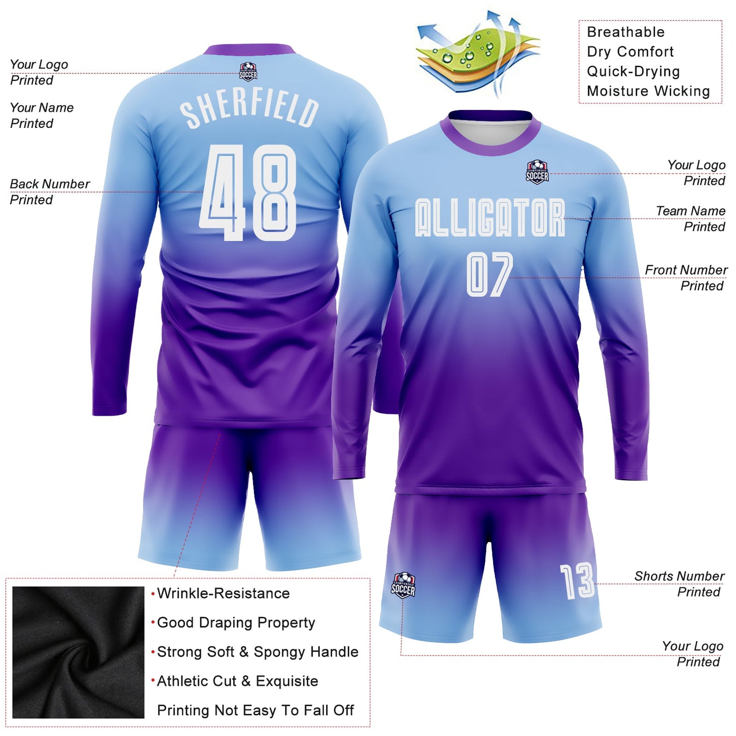 Maillot d'uniforme de football à manches longues, bleu clair, blanc et violet, personnalisé, à la mode, fondu, par Sublimation