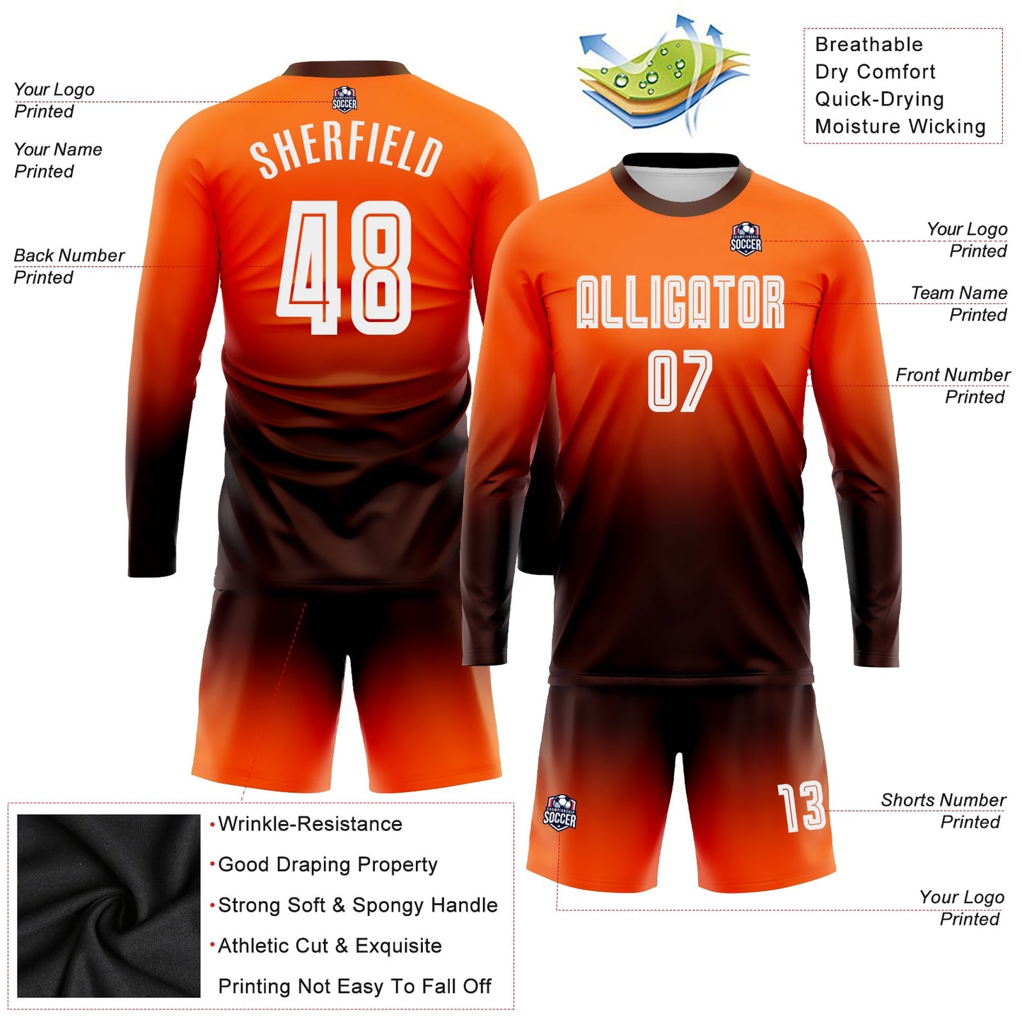 Maillot d'uniforme de football à manches longues, personnalisé, Orange, blanc et marron, fondu, à la mode, par Sublimation
