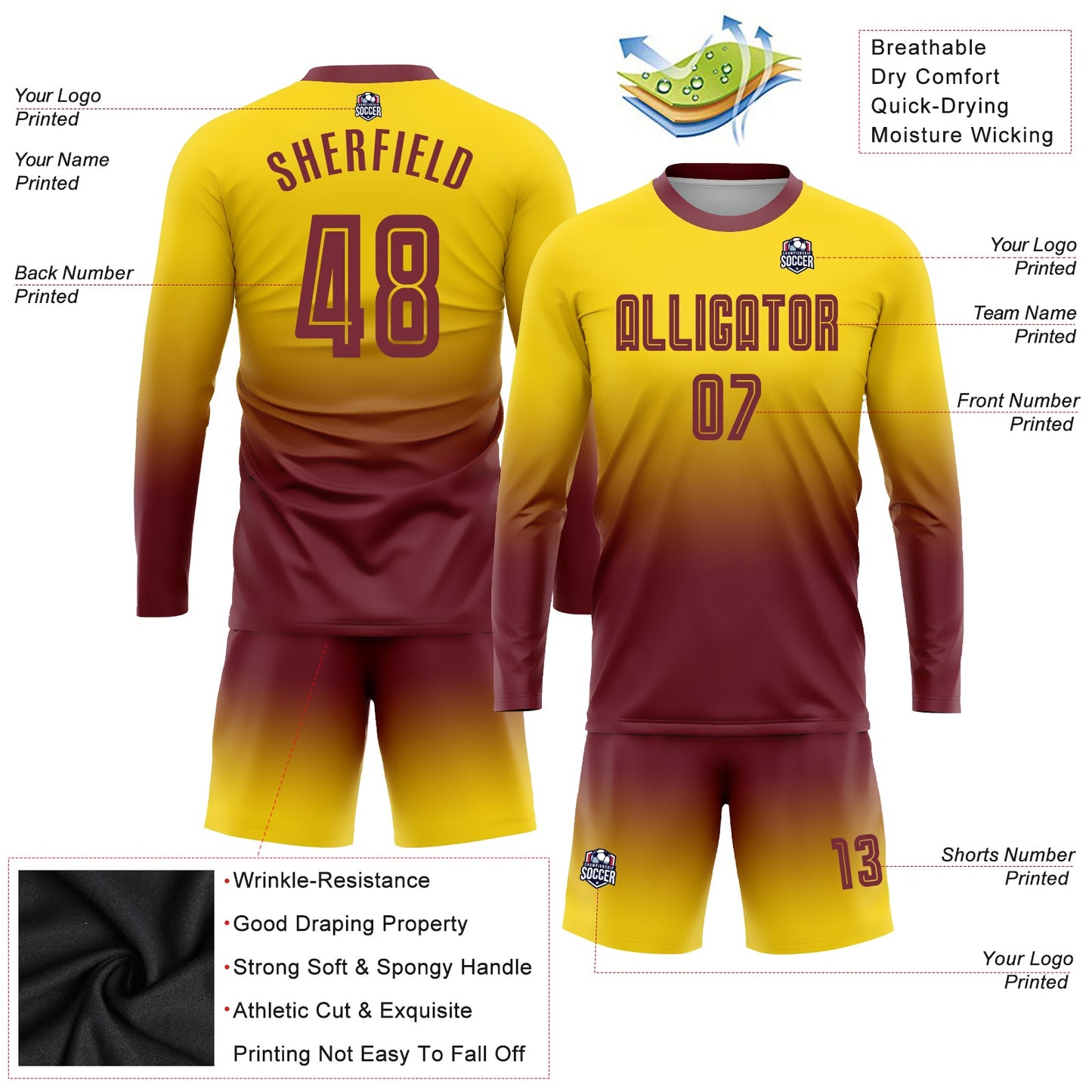 Maillot d'uniforme de football à manches longues, personnalisé, couleur bordeaux doré, fondu, à la mode, par Sublimation
