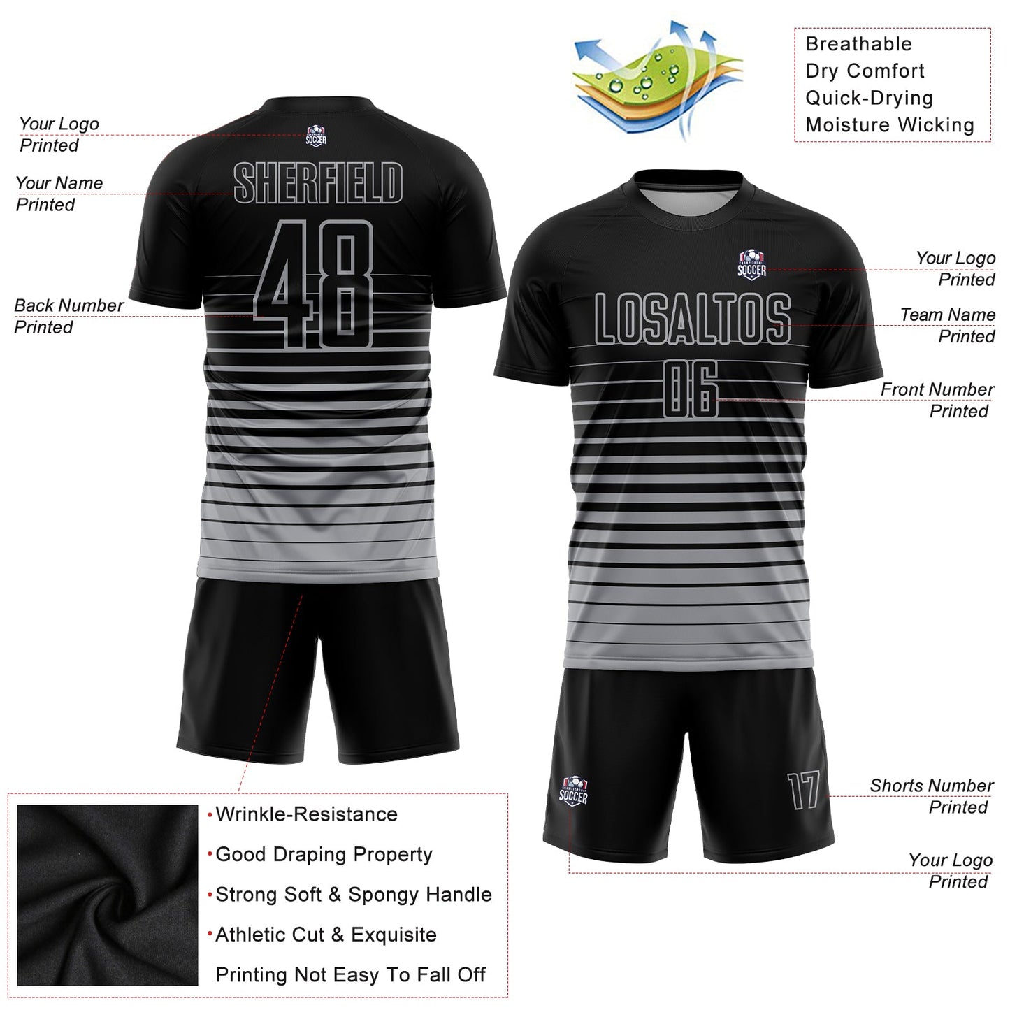 Custom Black Gray Pinstripe Fade Fashion Sublimation Soccer Uniform Jersey