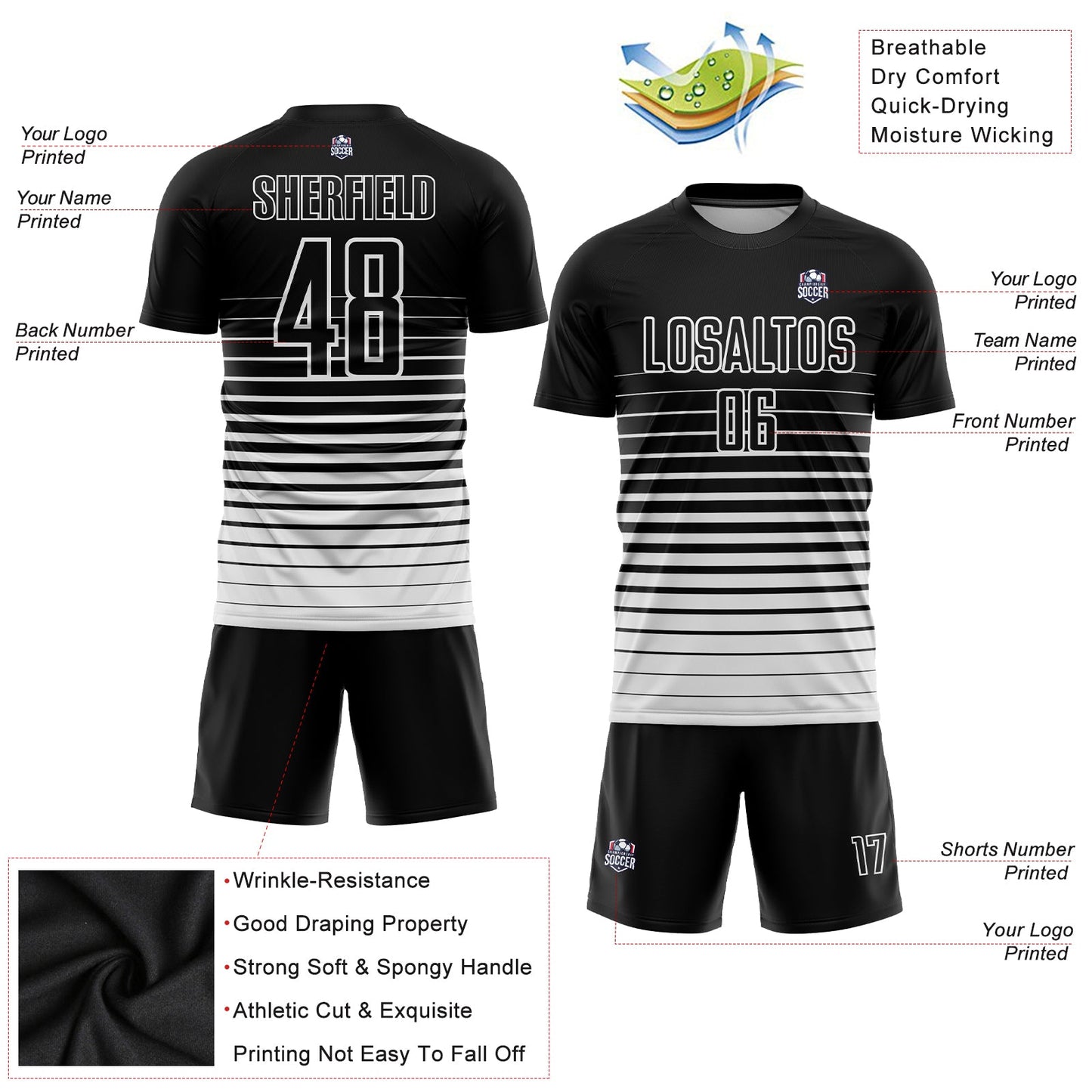 Maillot d'uniforme de football par Sublimation, personnalisé, noir et blanc, à fines rayures, à la mode, fondu