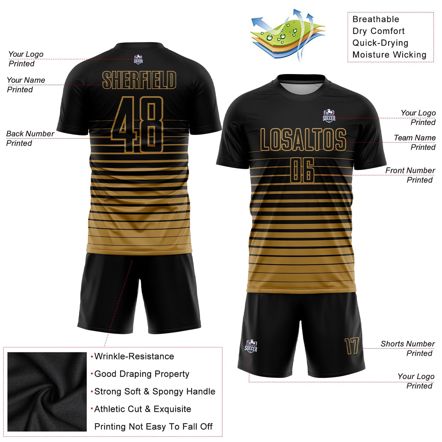 Maillot d'uniforme de football par Sublimation, personnalisé, noir, vieux or, fondu, mode, uniforme de football