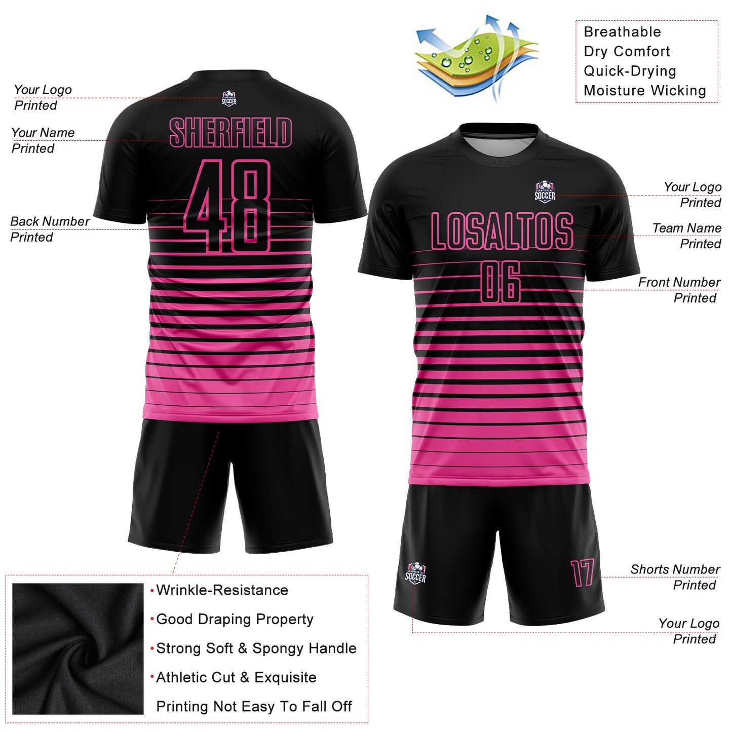 Custom Black Pink Pinstripe Fade Fashion Sublimation Soccer Uniform Jersey
