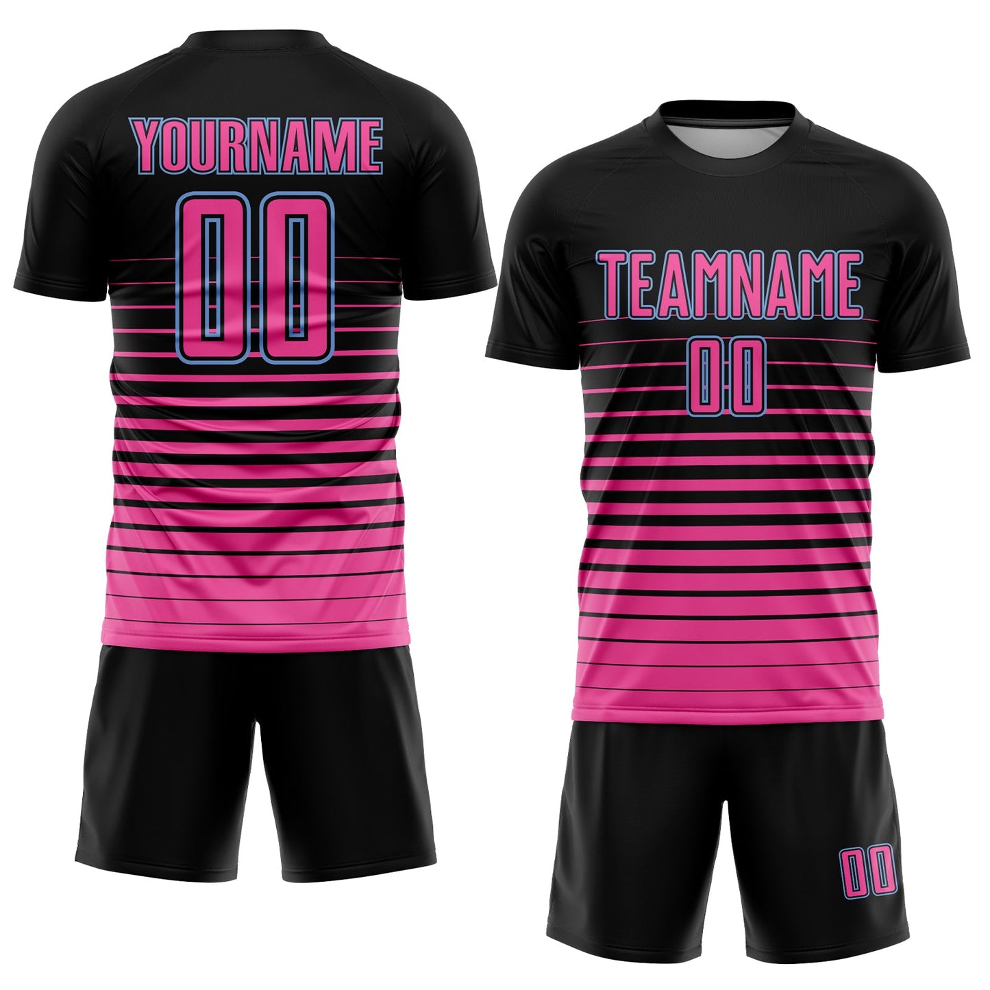 Custom Black Pink-Light Blue Pinstripe Fade Fashion Sublimation Soccer Uniform Jersey