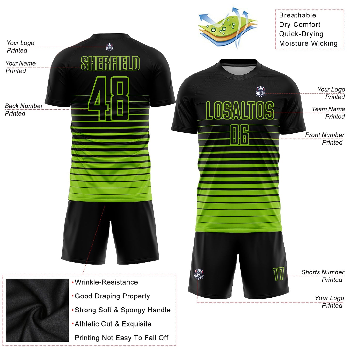Maillot d'uniforme de football par Sublimation, personnalisé, noir, vert néon, à fines rayures, à la mode, fondu
