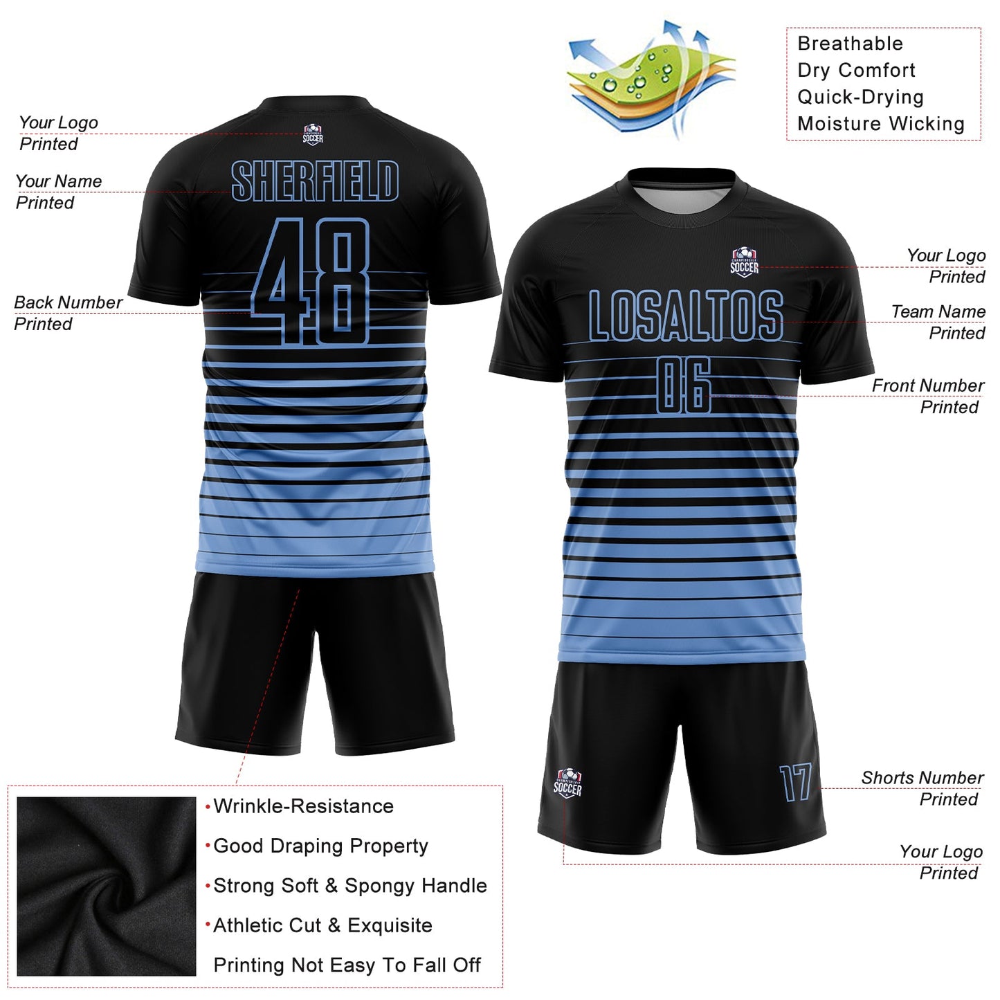 Maillot d'uniforme de football par Sublimation, personnalisé, noir, bleu clair, fondu, mode