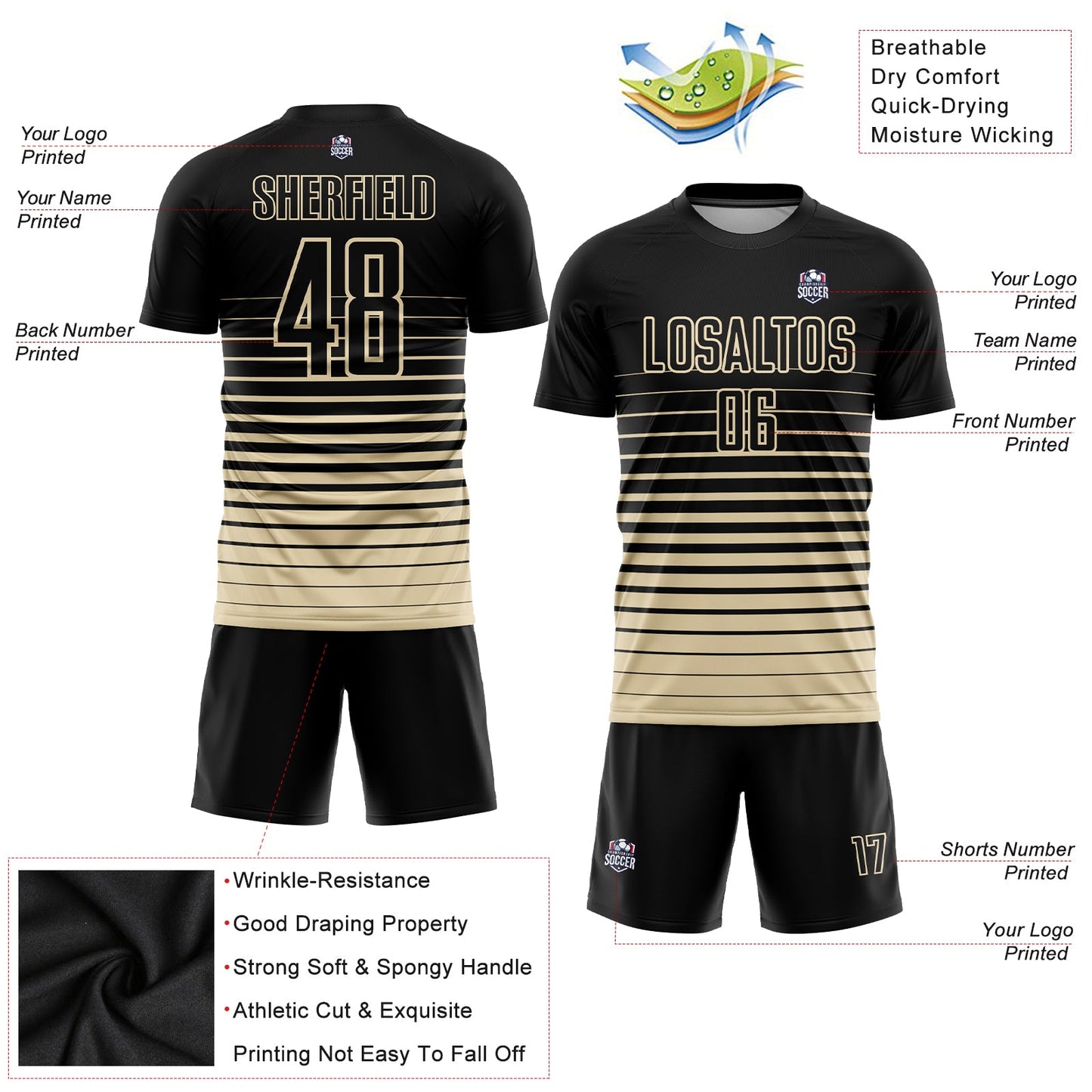 Maillot d'uniforme de football par Sublimation, crème noire personnalisée à fines rayures, fondu à la mode