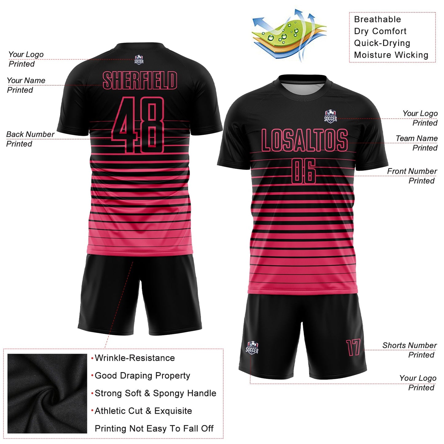 Maillot d'uniforme de football par Sublimation, personnalisé, noir, rose, à fines rayures, à la mode, fondu