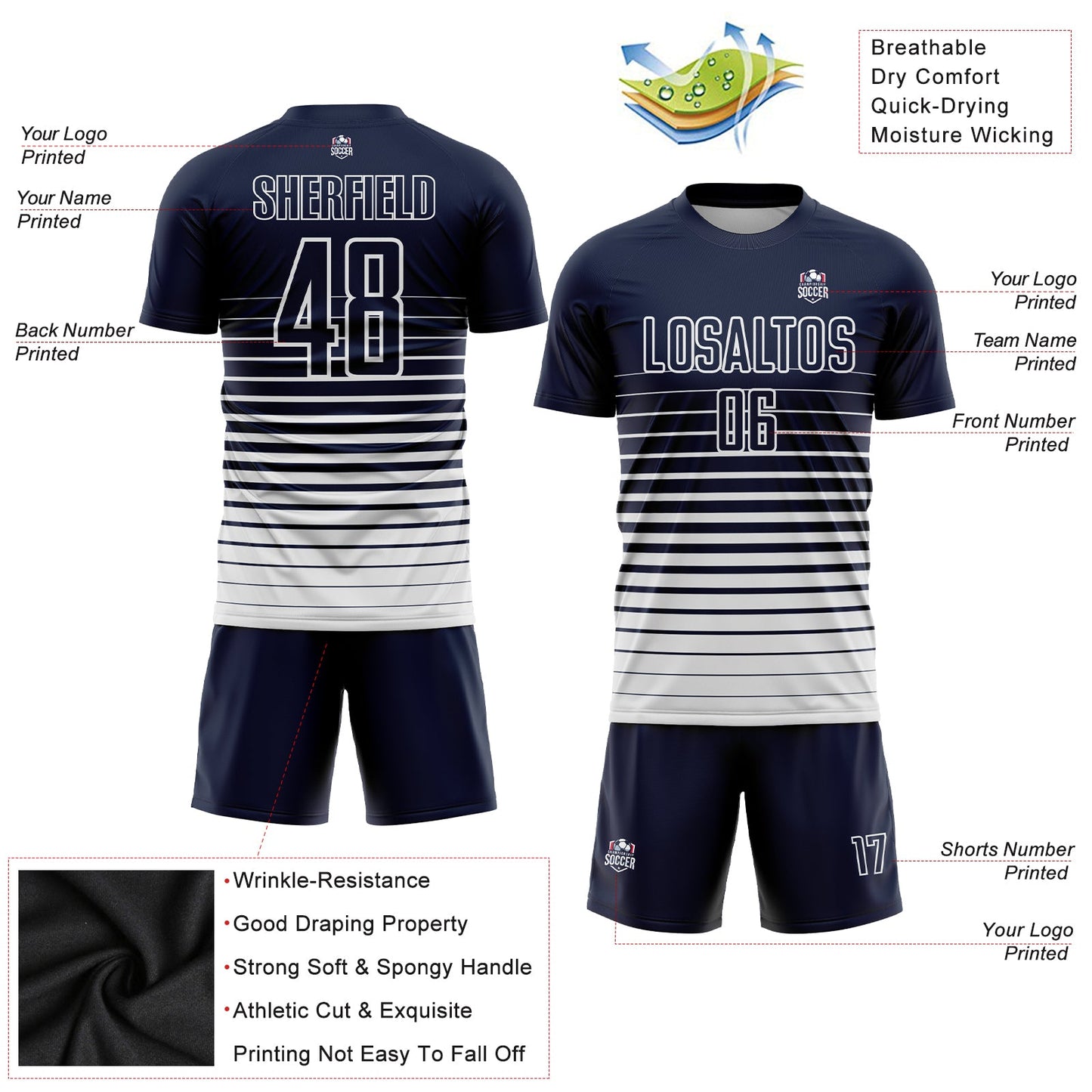 Custom Navy White Pinstripe Fade Fashion Sublimation Soccer Uniform Jersey