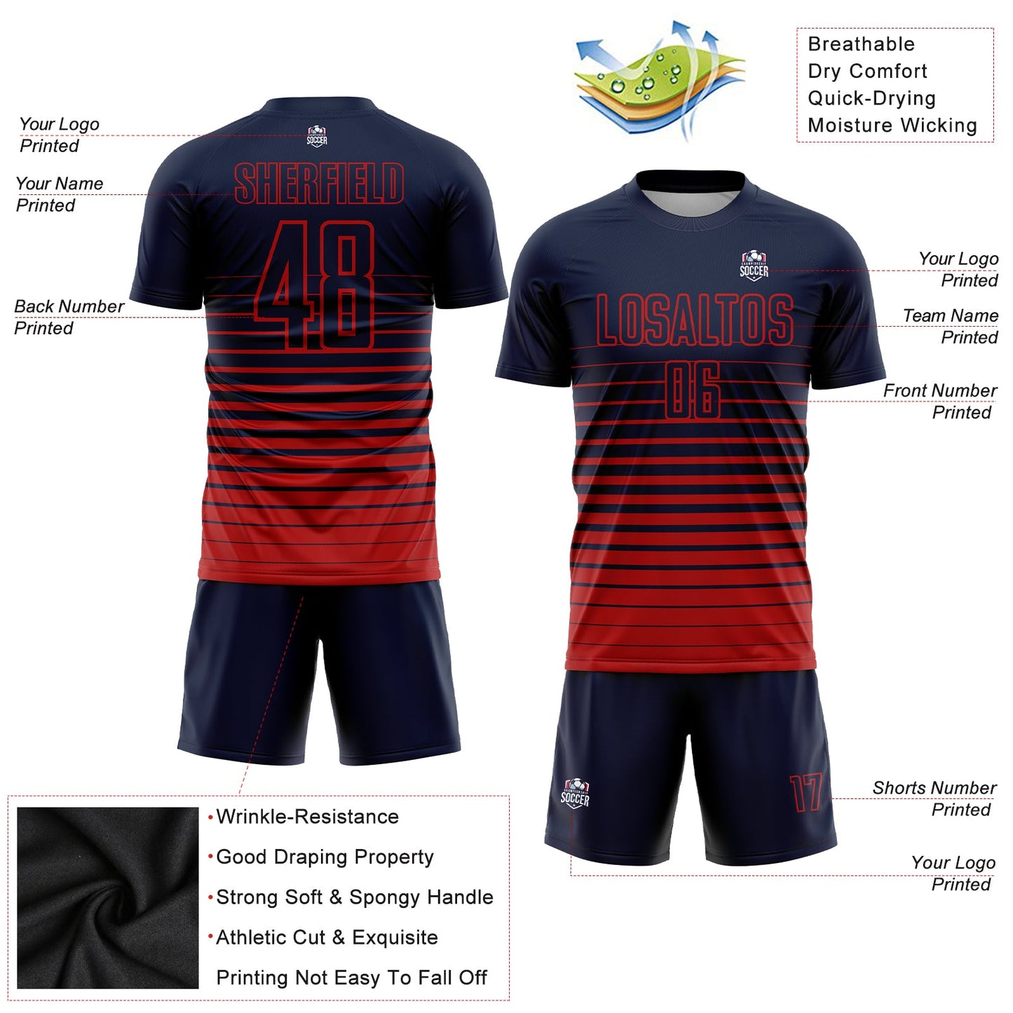Custom Navy Red Pinstripe Fade Fashion Sublimation Soccer Uniform Jersey