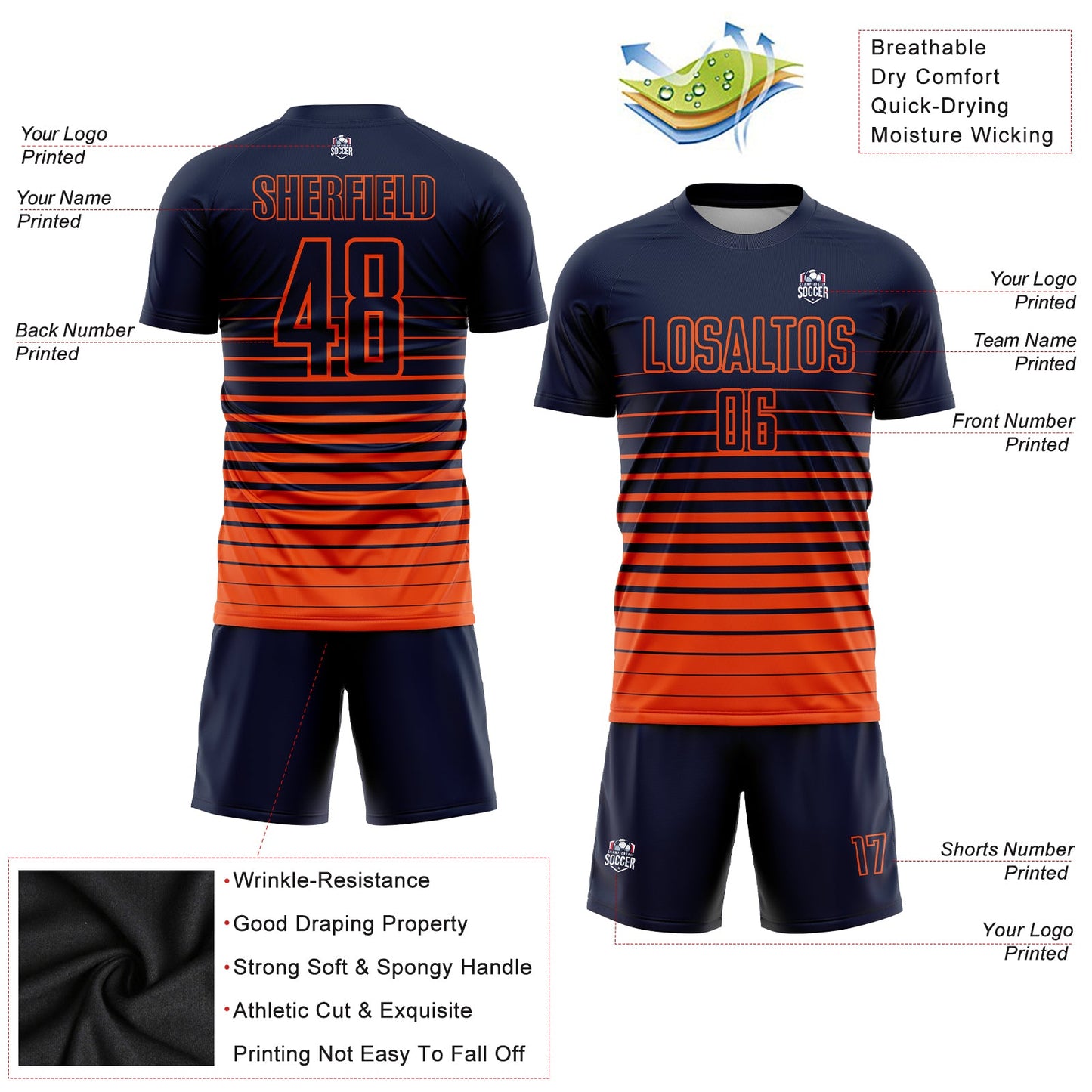 Maillot d'uniforme de football par Sublimation, personnalisé, à rayures Orange marine, à la mode, fondu
