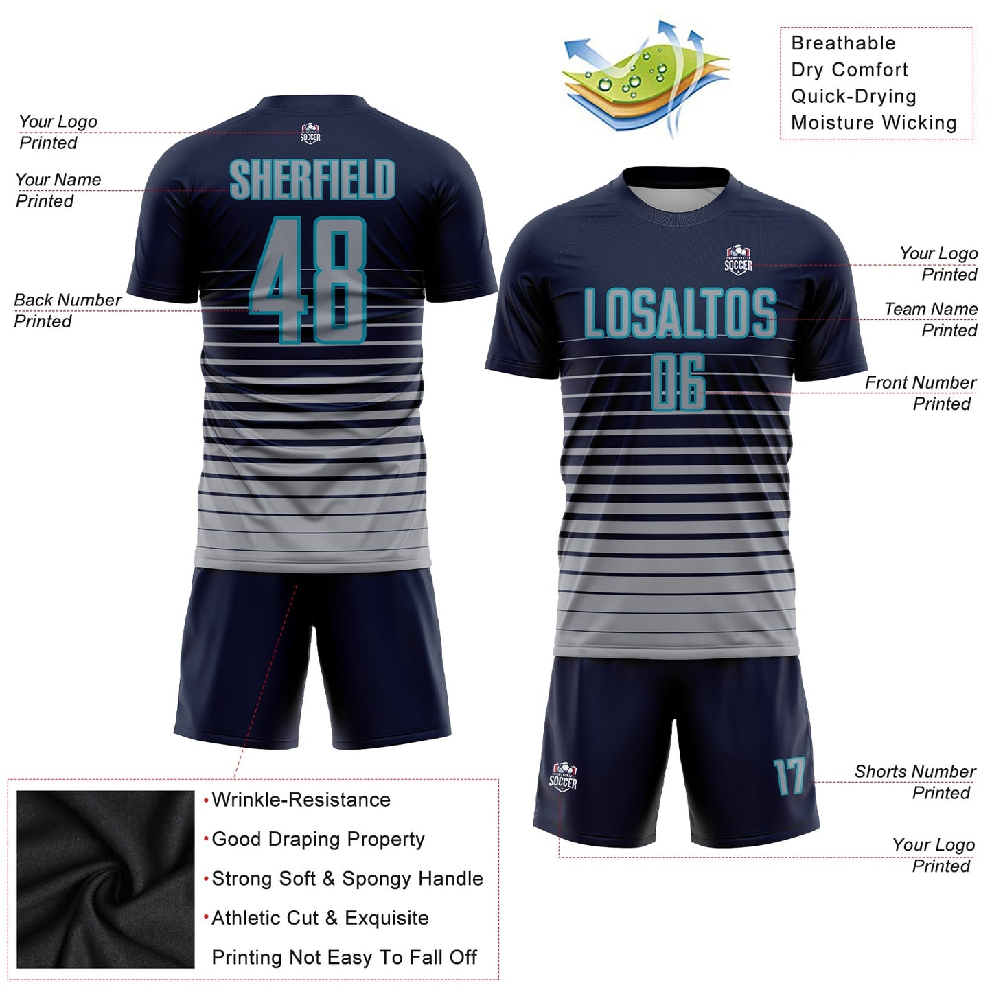 Maillot d'uniforme de football par Sublimation, personnalisé, gris-sarcelle, à fines rayures, à la mode, fondu
