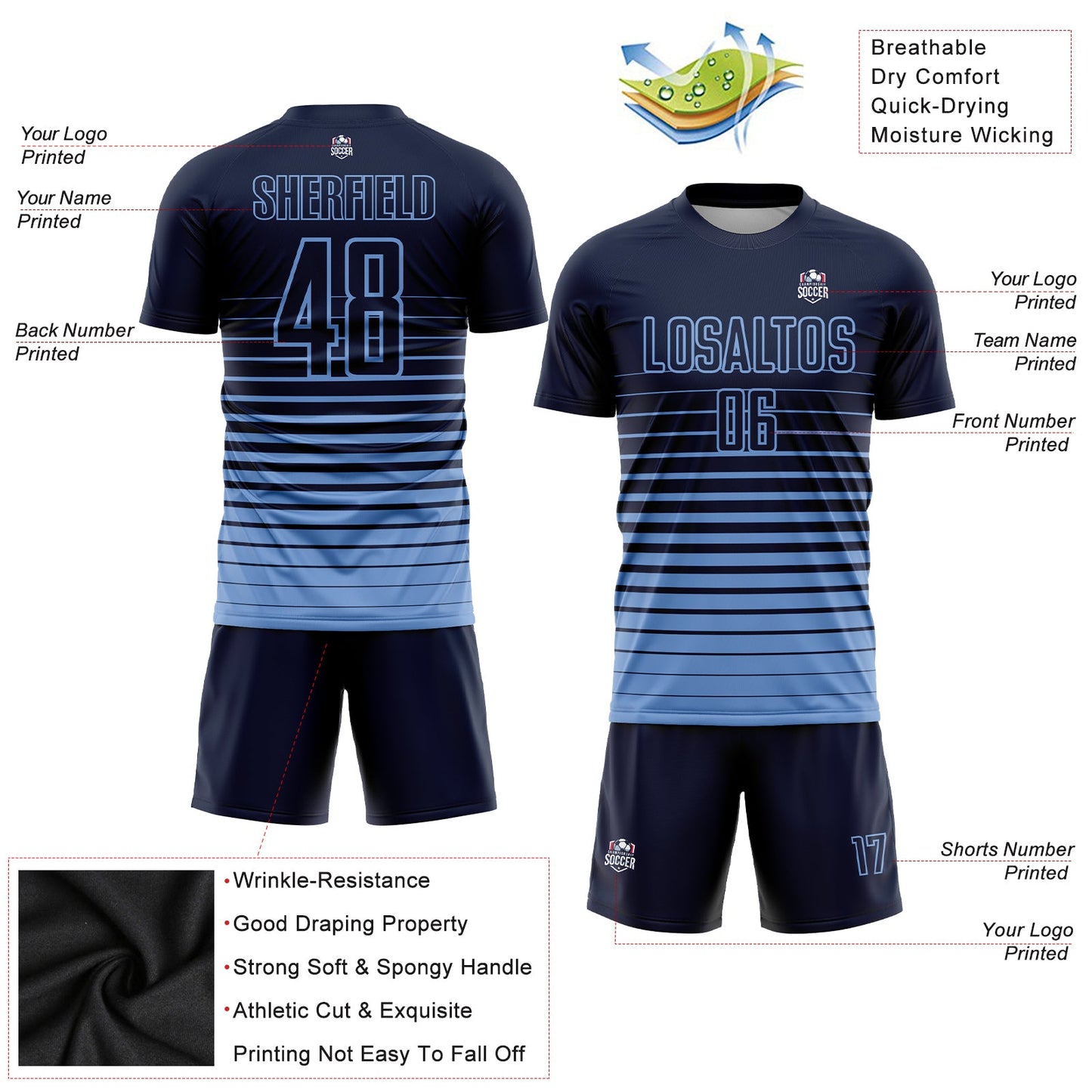 Maillot d'uniforme de football par Sublimation, personnalisé, bleu clair, à fines rayures, à la mode, fondu