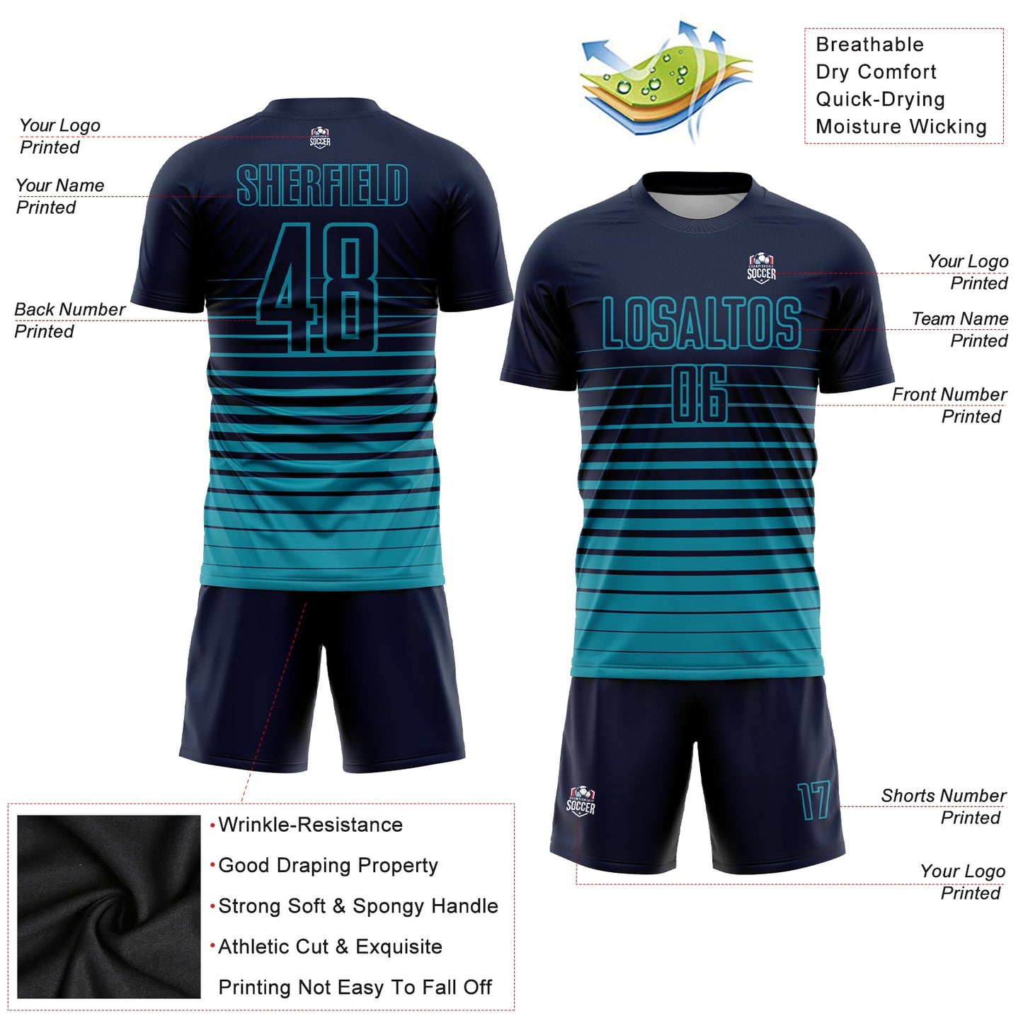 Custom Navy Teal Pinstripe Fade Fashion Sublimation Soccer Uniform Jersey