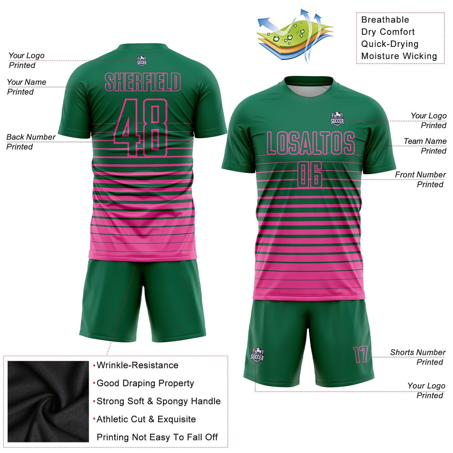 Maillot d'uniforme de football par Sublimation, personnalisé, vert, rose, à fines rayures, à la mode, fondu