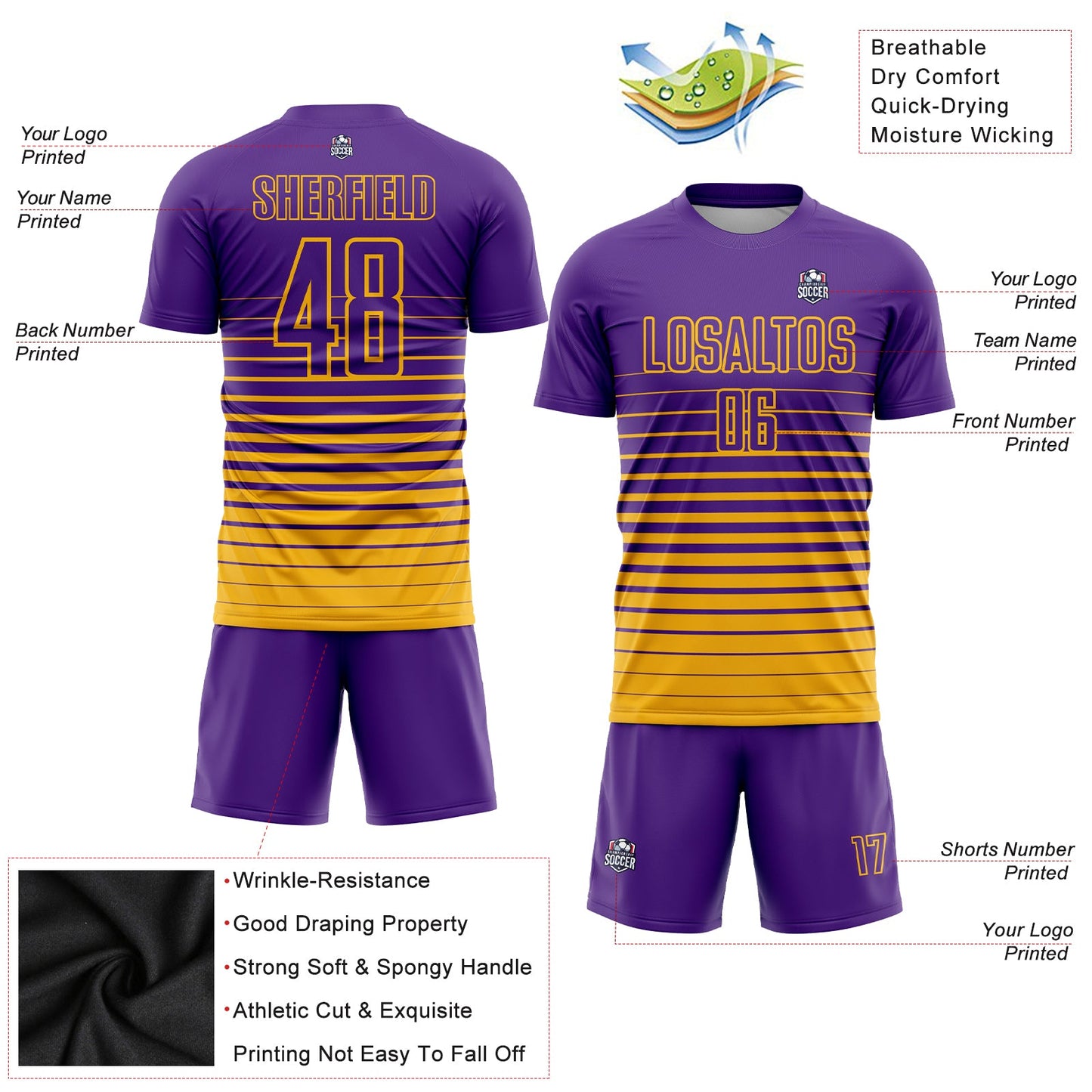 Maillot d'uniforme de football par Sublimation, personnalisé, violet et doré, à fines rayures, à la mode, fondu
