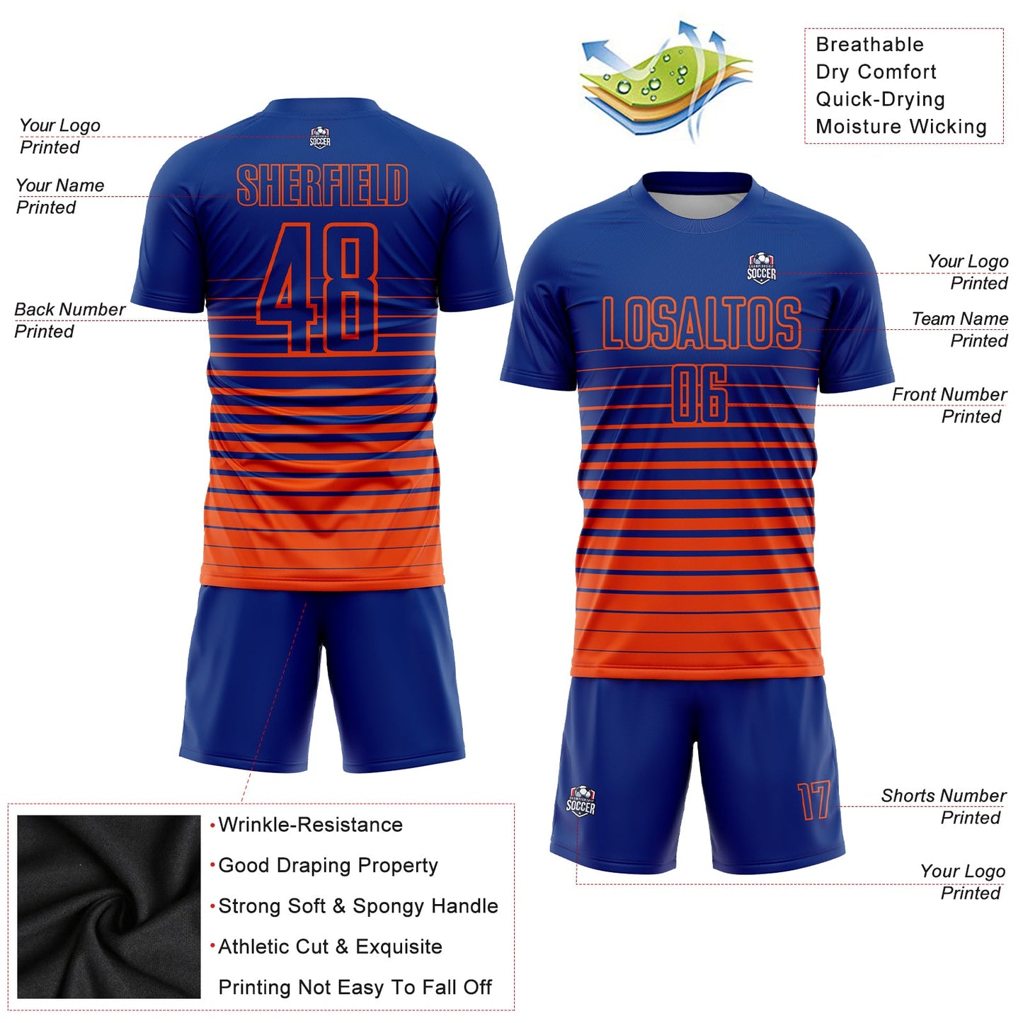 Maillot d'uniforme de football par Sublimation, personnalisé, Royal Orange à fines rayures, mode fondu