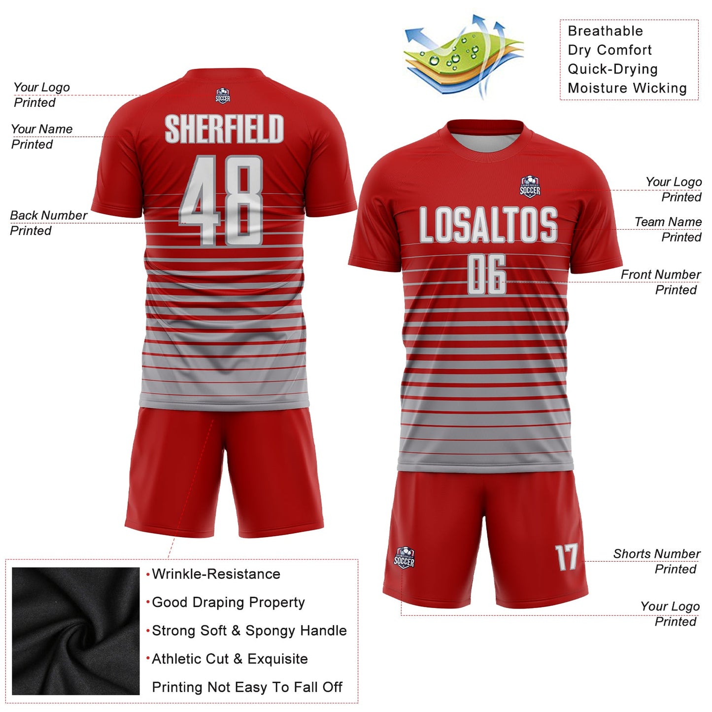 Maillot d'uniforme de football par Sublimation, personnalisé, rouge, blanc et gris, à fines rayures, à la mode