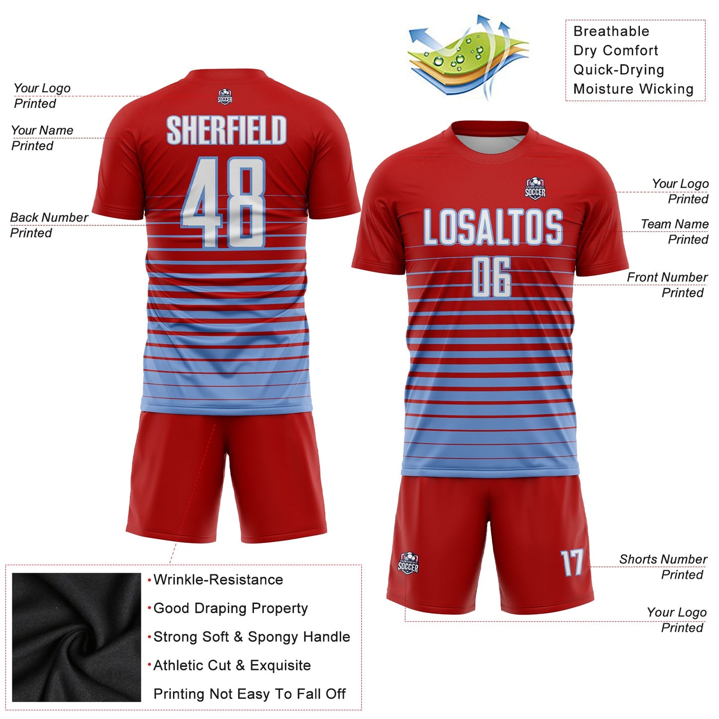 Maillot d'uniforme de football par Sublimation, personnalisé, rouge, blanc et bleu clair, à fines rayures, à la mode
