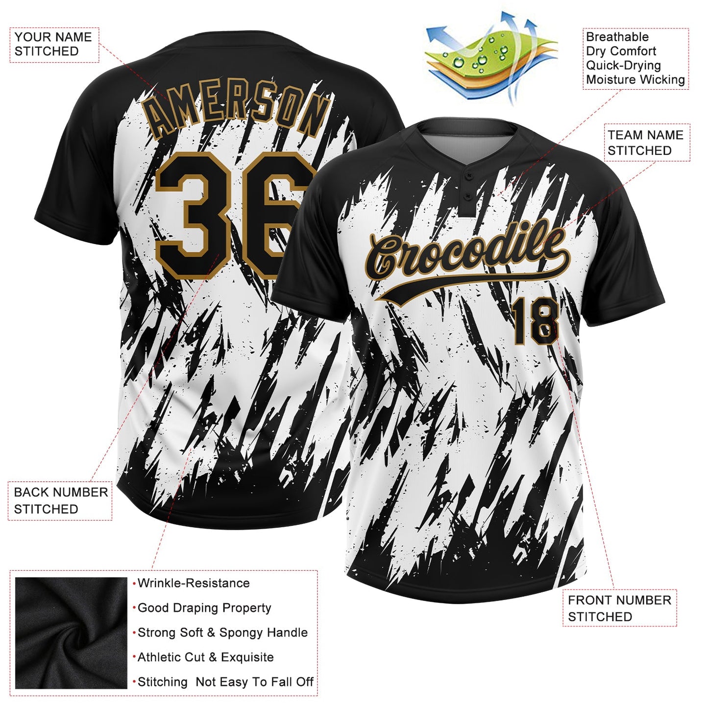 Custom White Black-Old Gold 3D Pattern Two-Button Unisex Softball Jersey