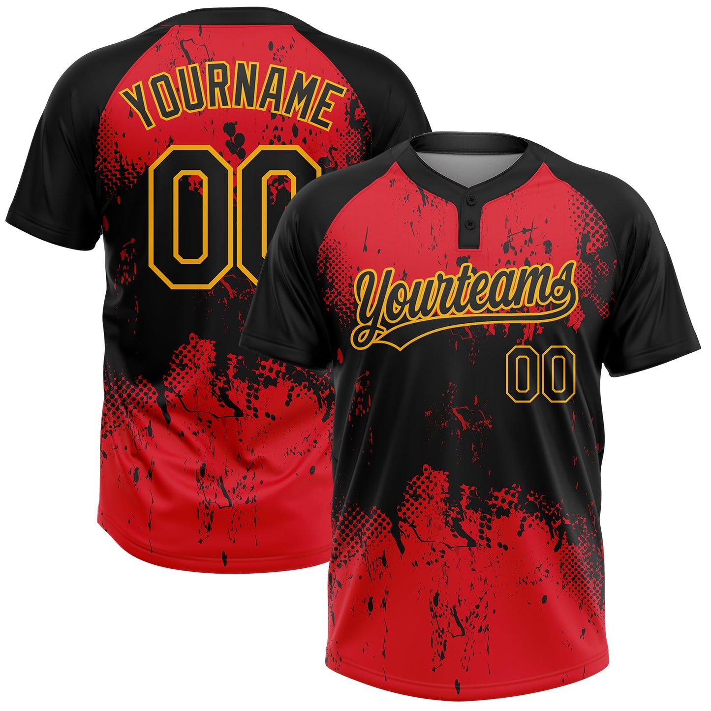 Custom Red Black-Gold 3D Pattern Two-Button Unisex Softball Jersey