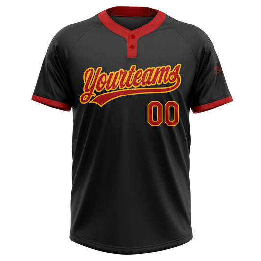 Custom Black Red-Gold Two-Button Unisex Softball Jersey