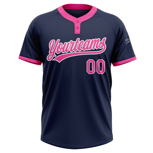Custom Navy Pink-White Two-Button Unisex Softball Jersey
