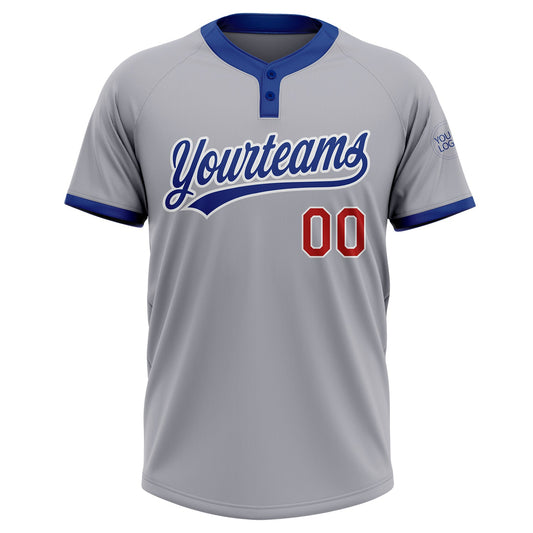 Custom Gray Red-Royal Two-Button Unisex Softball Jersey