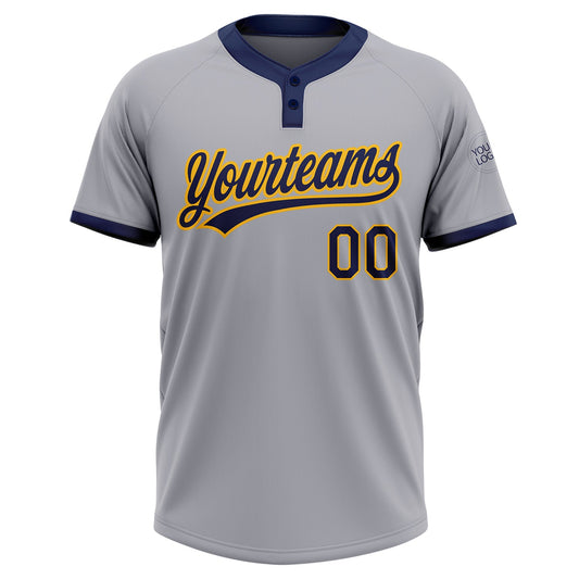 Custom Gray Navy-Gold Two-Button Unisex Softball Jersey