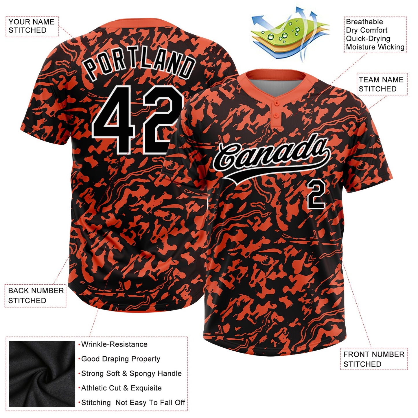 Custom Orange Black-White 3D Pattern Two-Button Unisex Softball Jersey
