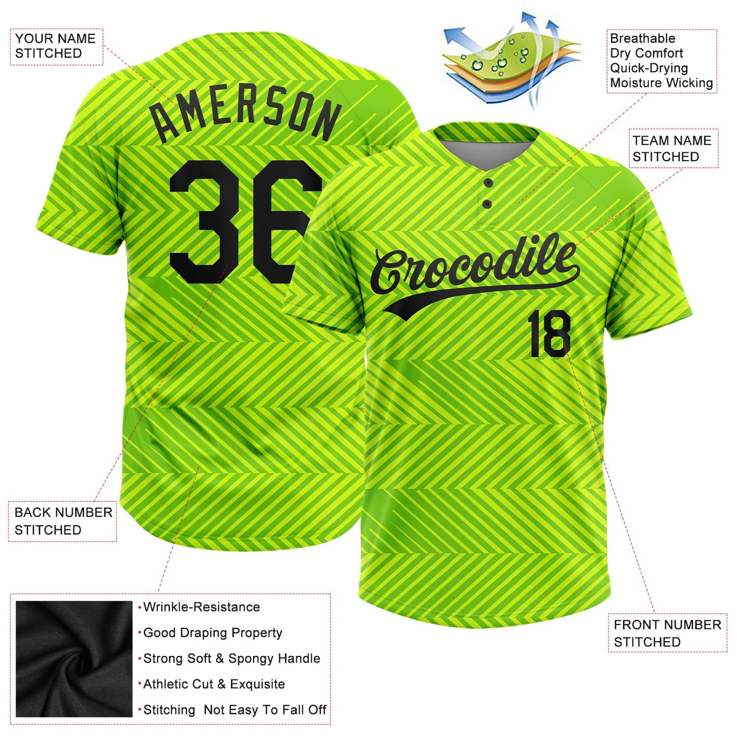 Custom Neon Green Black 3D Pattern Two-Button Unisex Softball Jersey