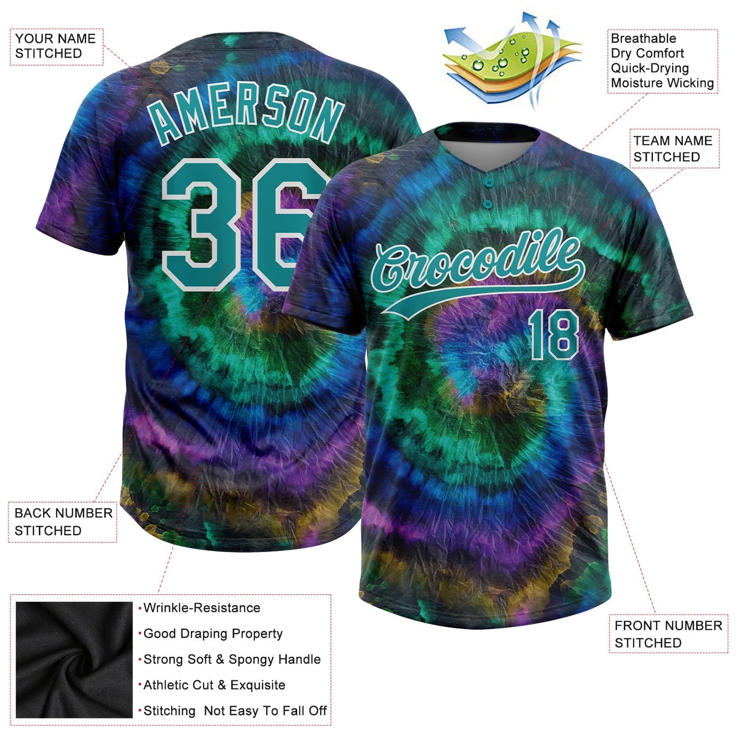 Custom Tie Dye Teal-White 3D Two-Button Unisex Softball Jersey