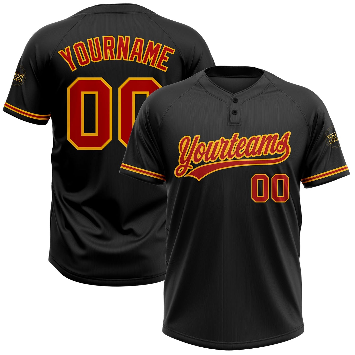 Custom Black Red-Gold Two-Button Unisex Softball Jersey