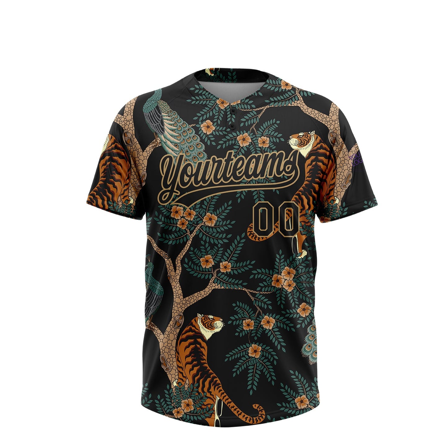 Custom Black Old Gold 3D Pattern Tiger And Peacock Two-Button Unisex Softball Jersey