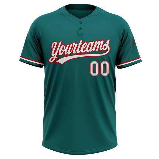 Custom Teal White-Red Two-Button Unisex Softball Jersey