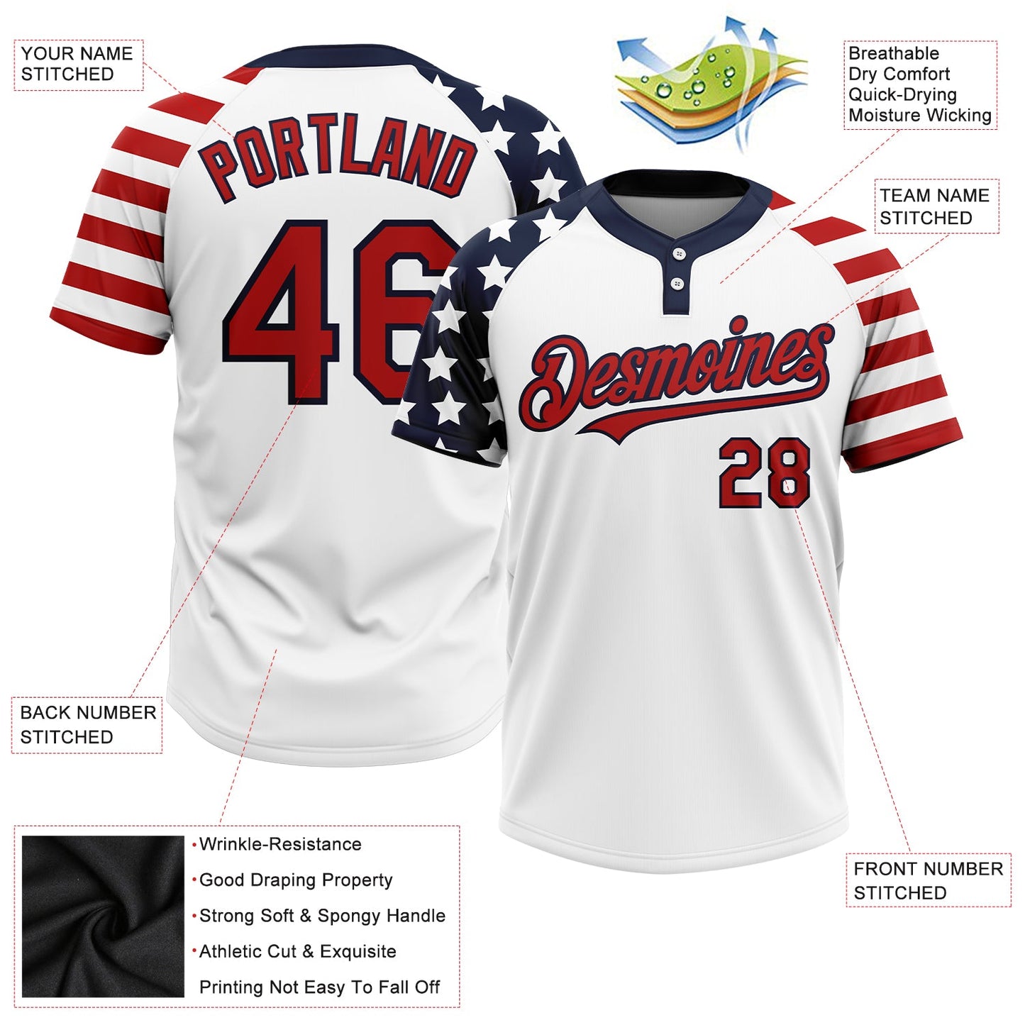 Custom White Red-Navy 3D American Flag Fashion Two-Button Unisex Softball Jersey