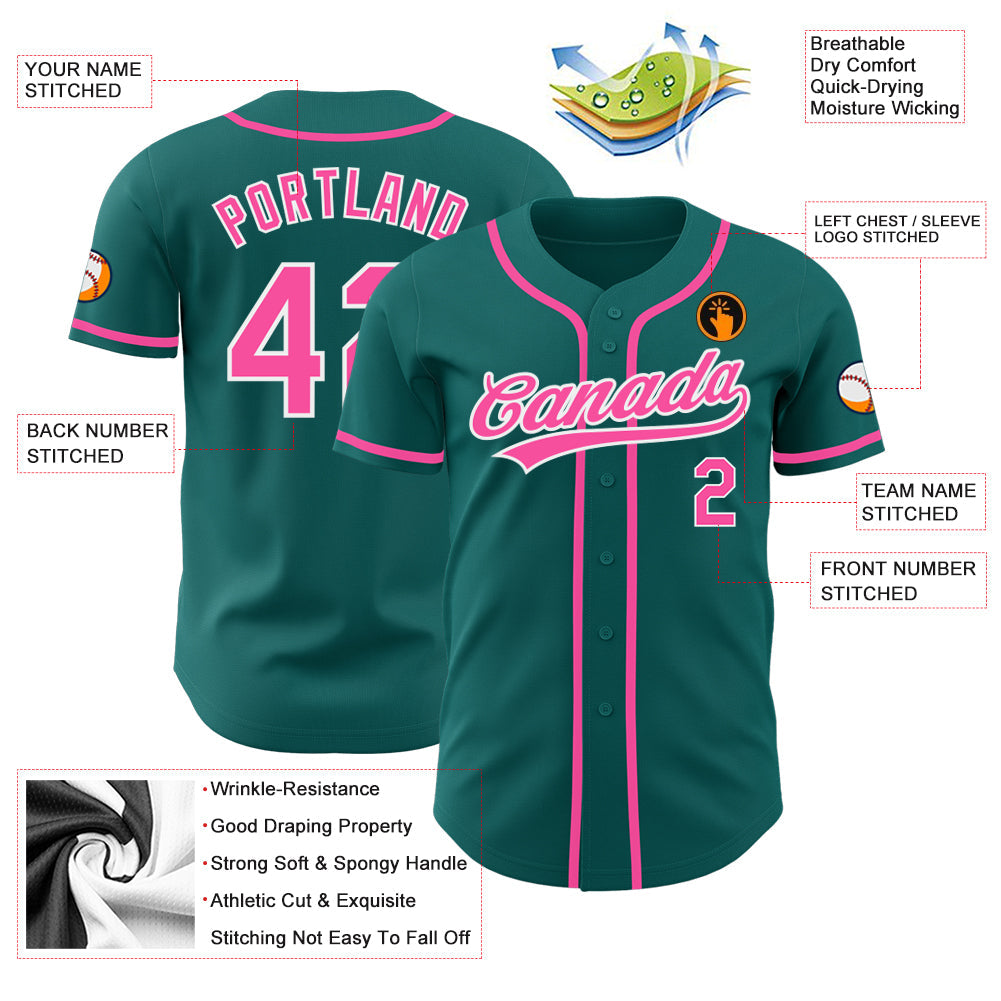 Custom Teal Pink-White Authentic Baseball Jersey