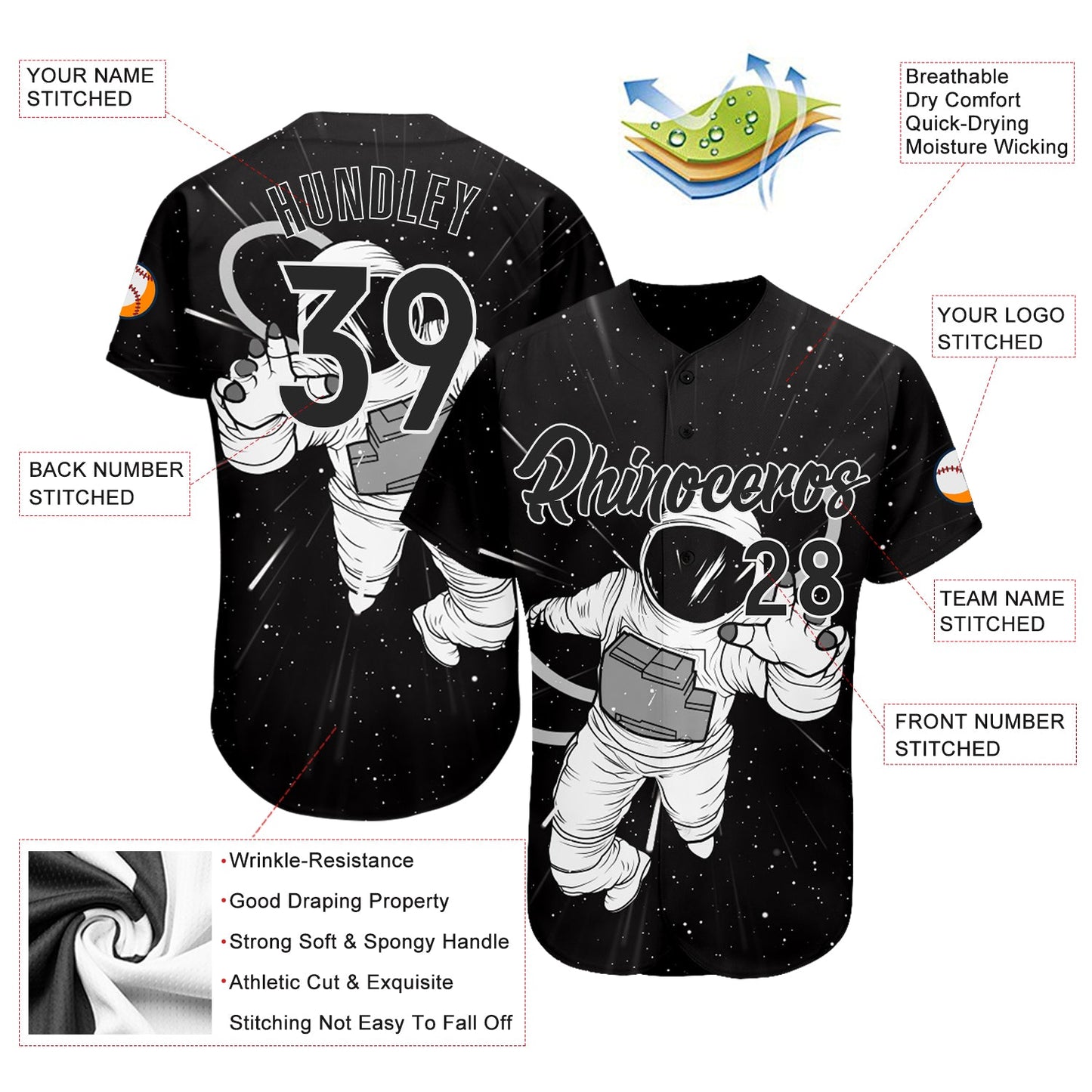 Custom Black Black-White 3D Pattern Design Astronaut Authentic Baseball Jersey