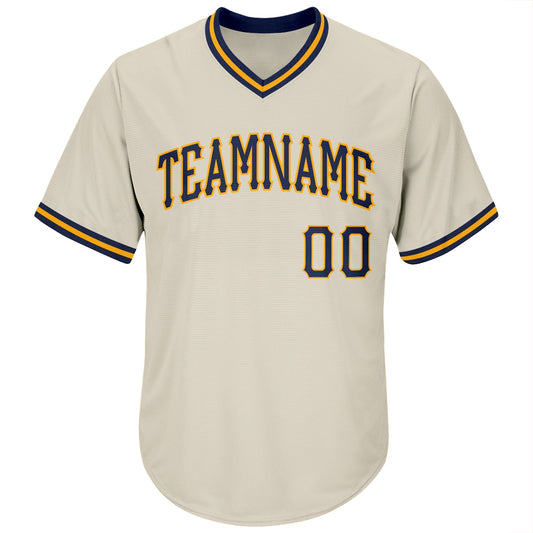 Custom Cream Navy-Gold Authentic Throwback Rib-Knit Baseball Jersey Shirt