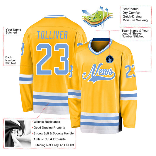 Maglia da hockey personalizzata oro azzurro-bianco