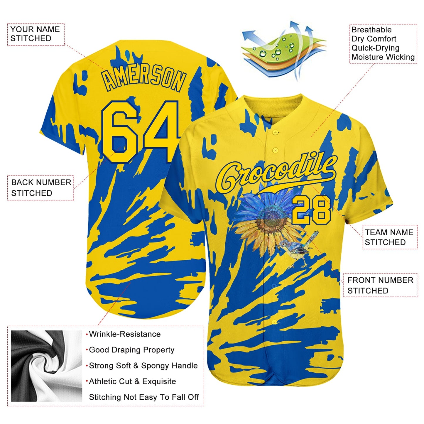 Custom 3D Pattern Design Ukraine Sunflower Nightingale Authentic Baseball Jersey