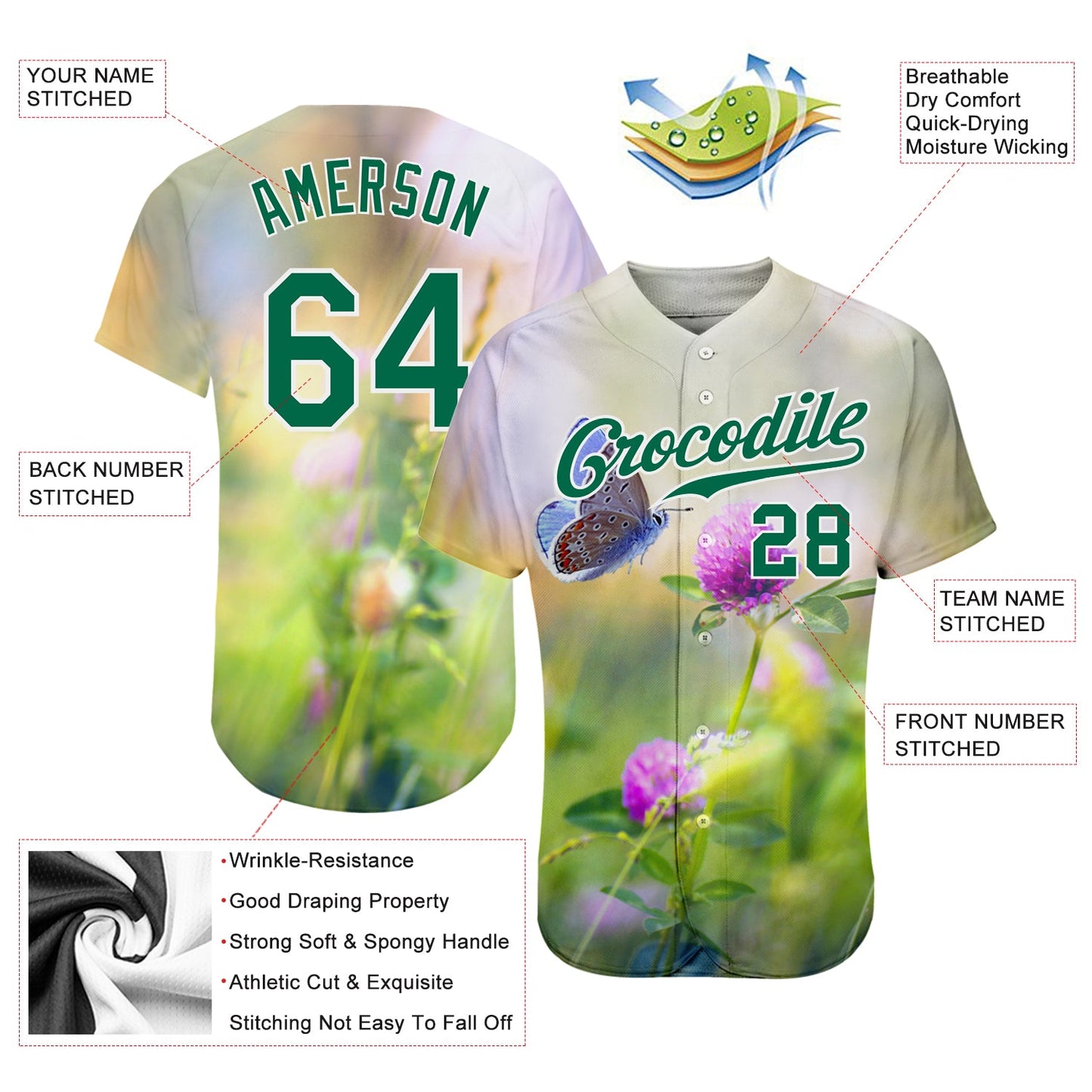 Custom Gray Kelly Green-White 3D Pattern Design Flowers And Butterfly Authentic Baseball Jersey
