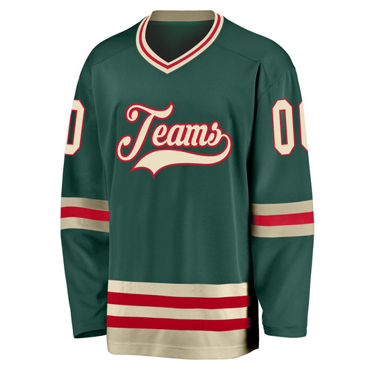Custom Green Cream-Red Hockey Jersey