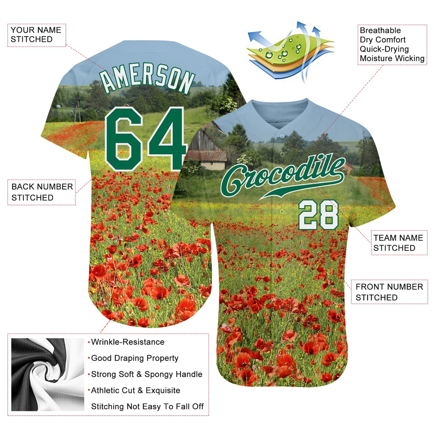 Custom Green Kelly Green-White 3D Pattern Design Flowers Authentic Baseball Jersey