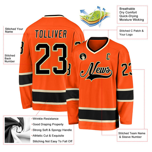 Custom Orange Black-Cream Hockey Jersey