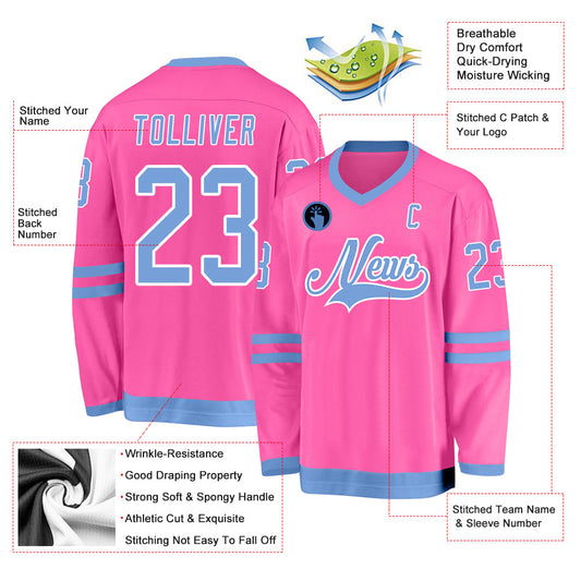 Custom Pink Light Blue-White Hockey Jersey