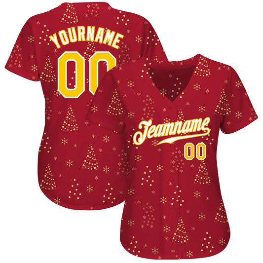 Custom Red Gold-White Christmas 3D Authentic Baseball Jersey