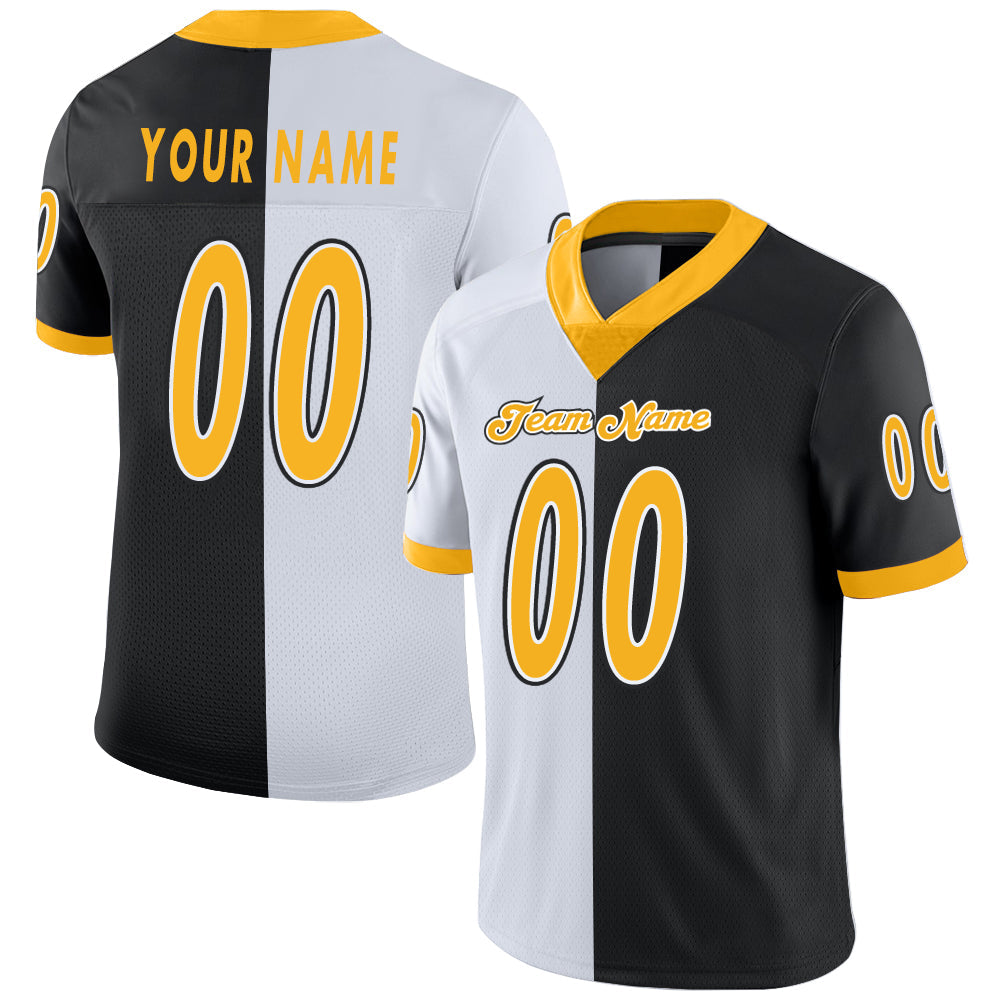 Custom Black Gold-White Mesh Split Fashion Football Jersey
